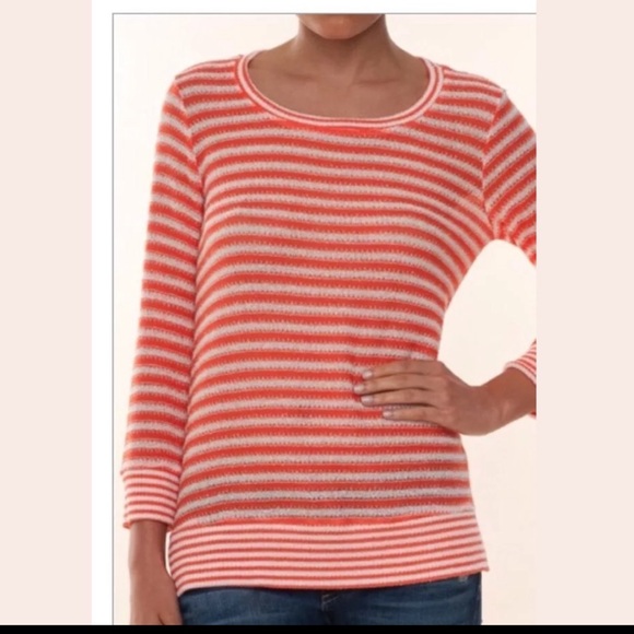 SPLENDID Deco Stripe Crewneck Sweater Pink Coral White Lightweight Knit Pullover - Picture 8 of 8